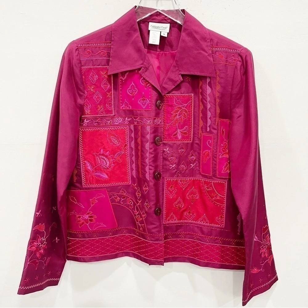 Coldwater Creek Barbie Pink Patchwork Silk Button Front Jacket Small